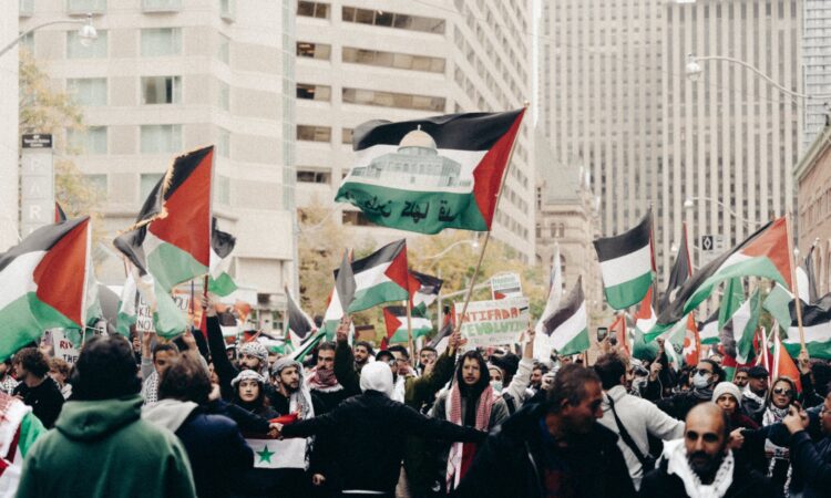 people holding palestinian flags protesting on the street