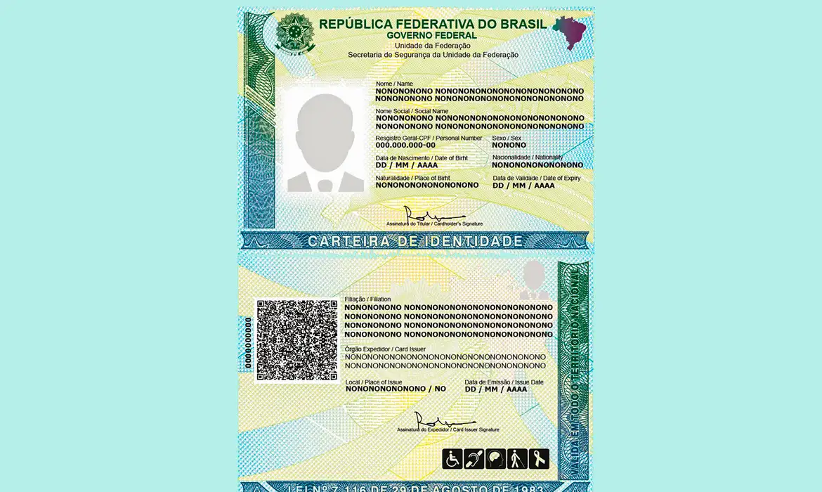 Modelo da Carteira de Identidade Nacional (novo RG) com dados fictícios