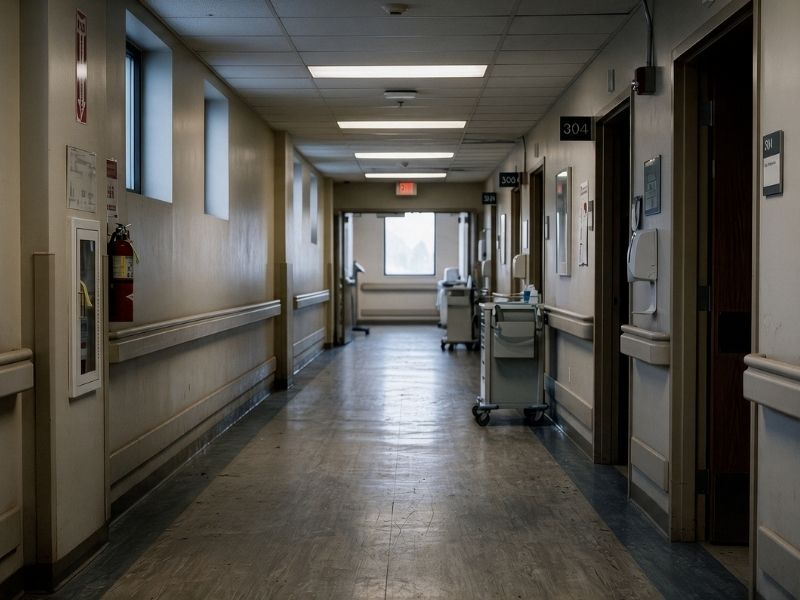 Corredor de hospital vazio, com carrinhos hospitalares ao fundo