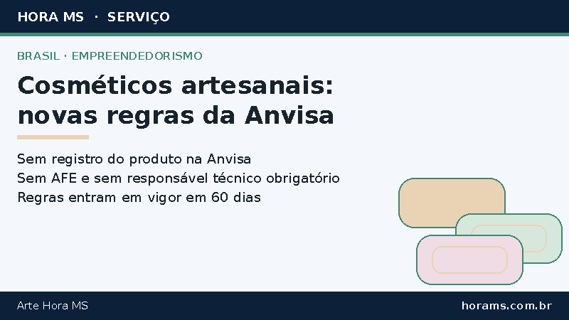 Arte do Hora MS com ilustração de sabonetes artesanais em barra sobre as novas regras da Anvisa para cosméticos artesanais no Brasil