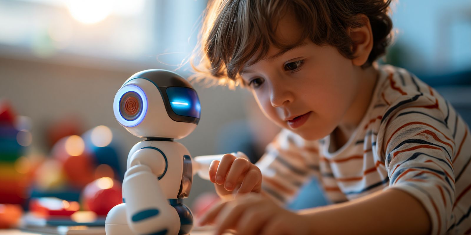 Criança brinca com pequeno robô de brinquedo sobre uma mesa