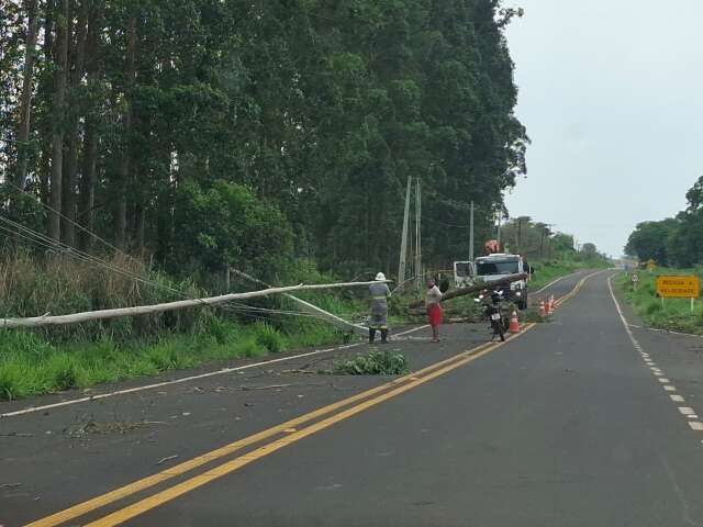 Poste e fios caídos à beira de rodovia após temporal em Dois Irmãos do Buriti (MS), com técnico trabalhando no reparo