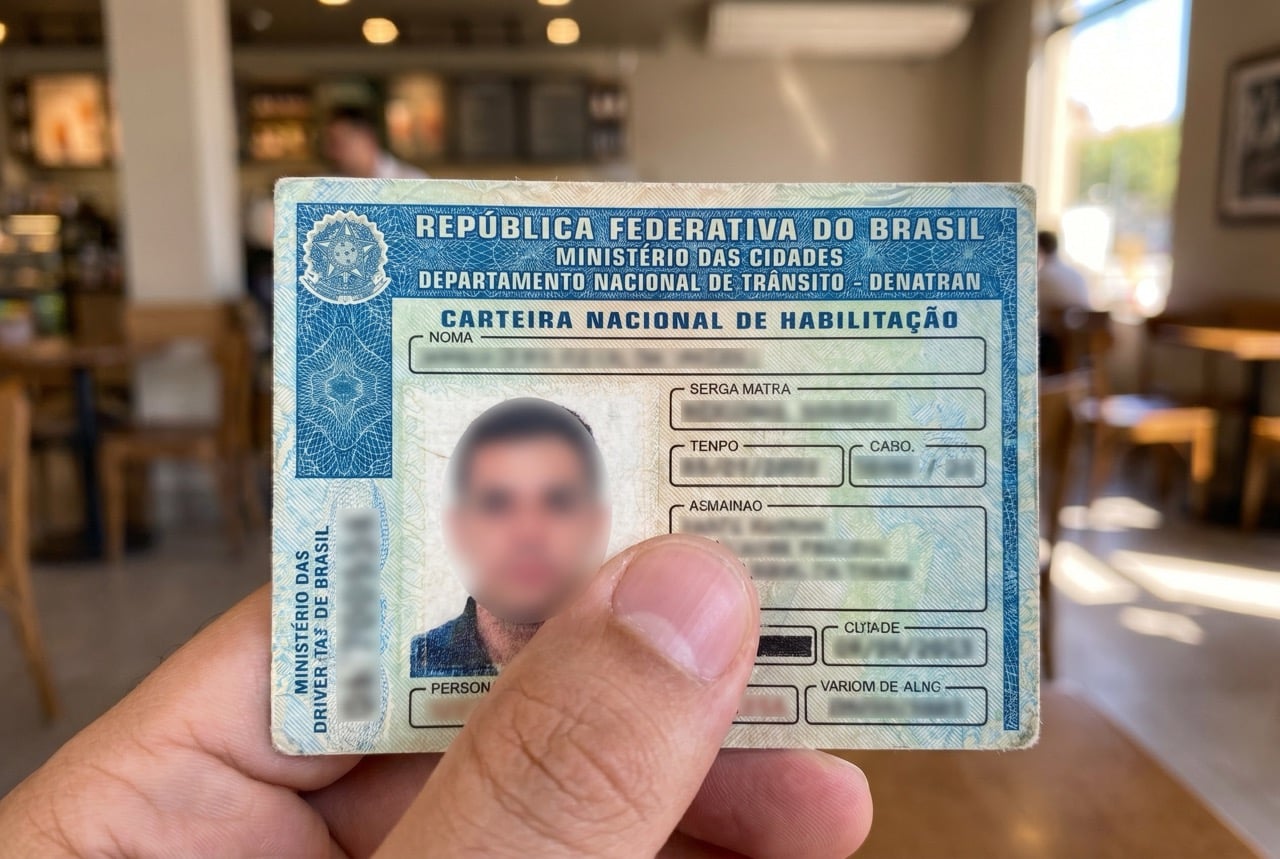 Mão segura uma Carteira Nacional de Habilitação impressa, com foto e dados borrados