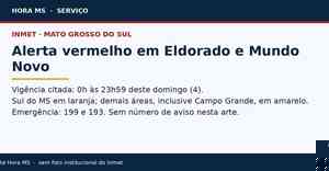 Alerta vermelho de tempestade do Inmet em Eldorado e Mundo Novo, Mato Grosso do Sul