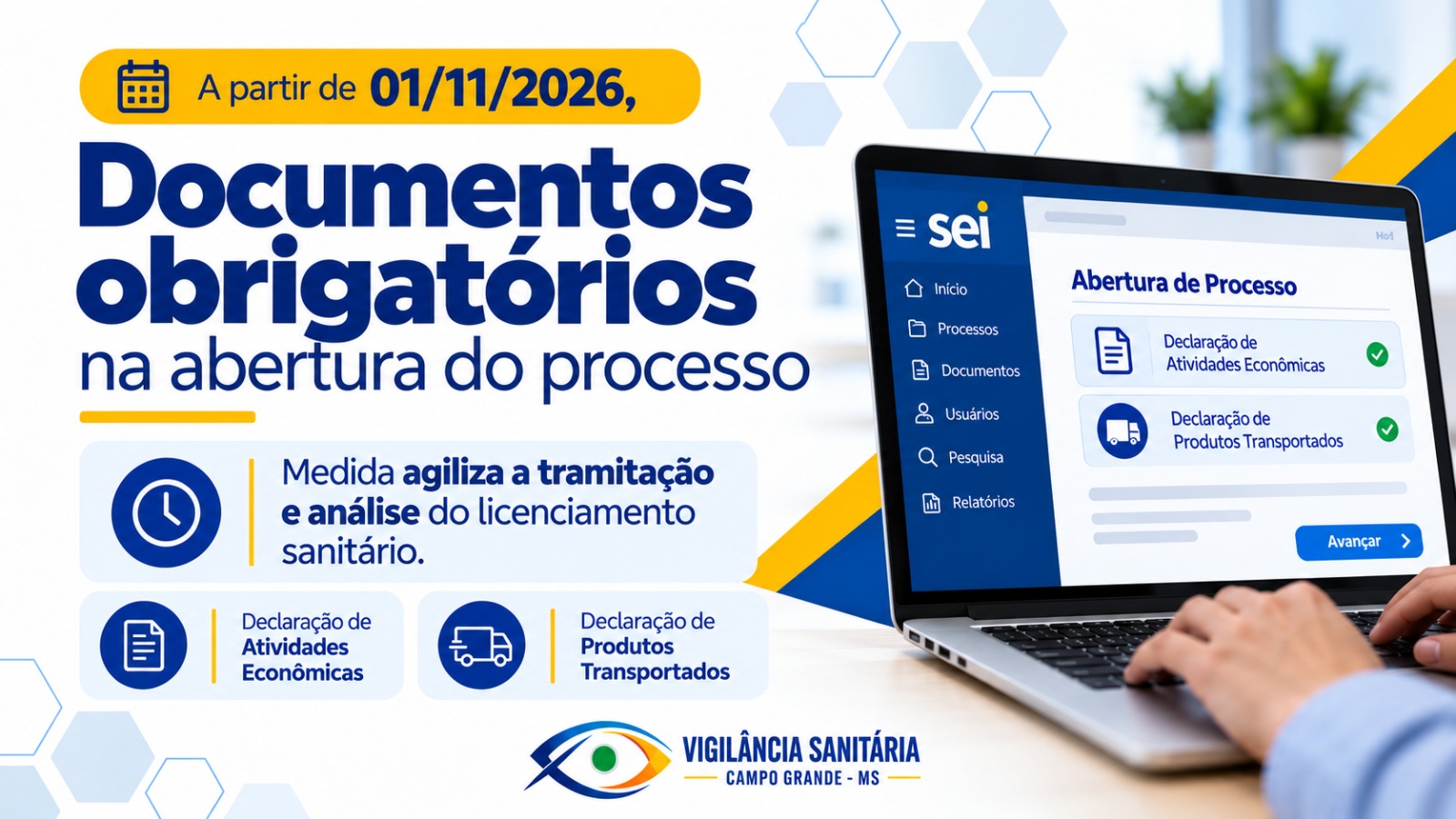 Arte com o texto Documentos obrigatórios na abertura do processo e tela do SEI